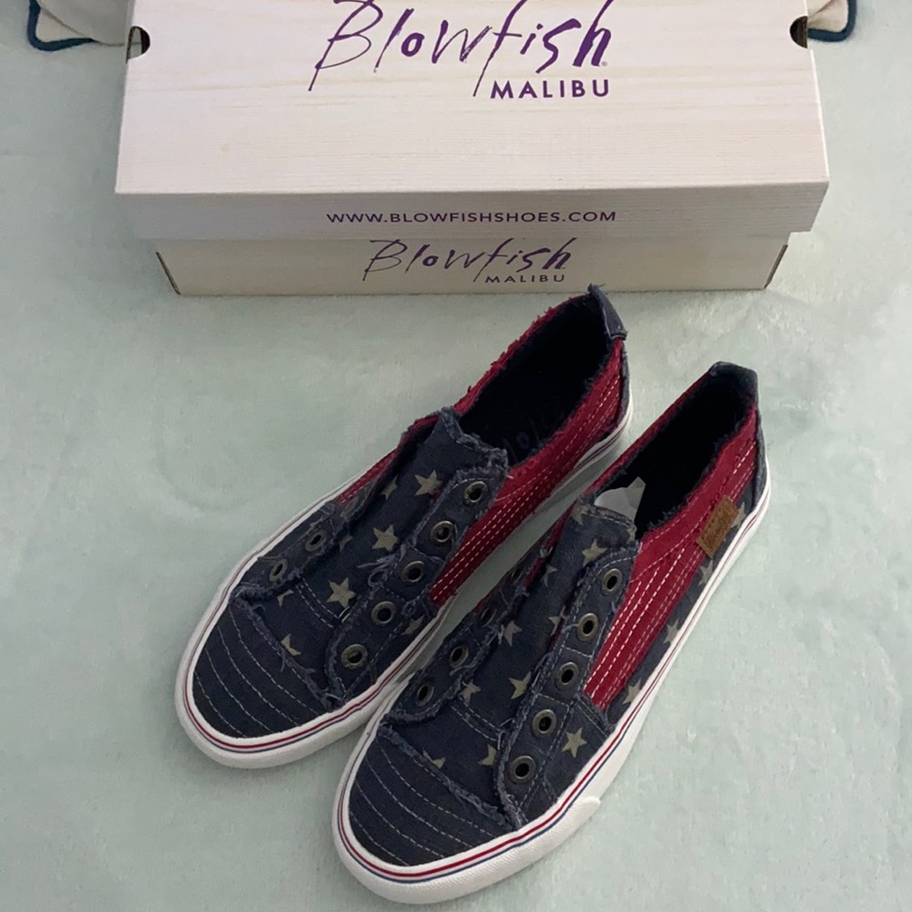 New in box red white and blue flag blowfish sneakers